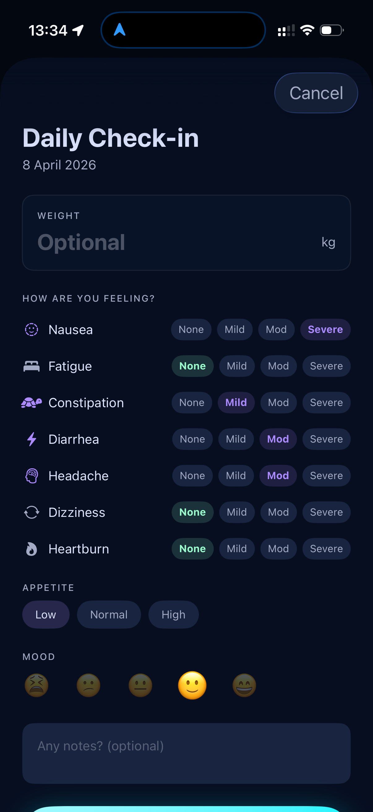 Daily check-in screen