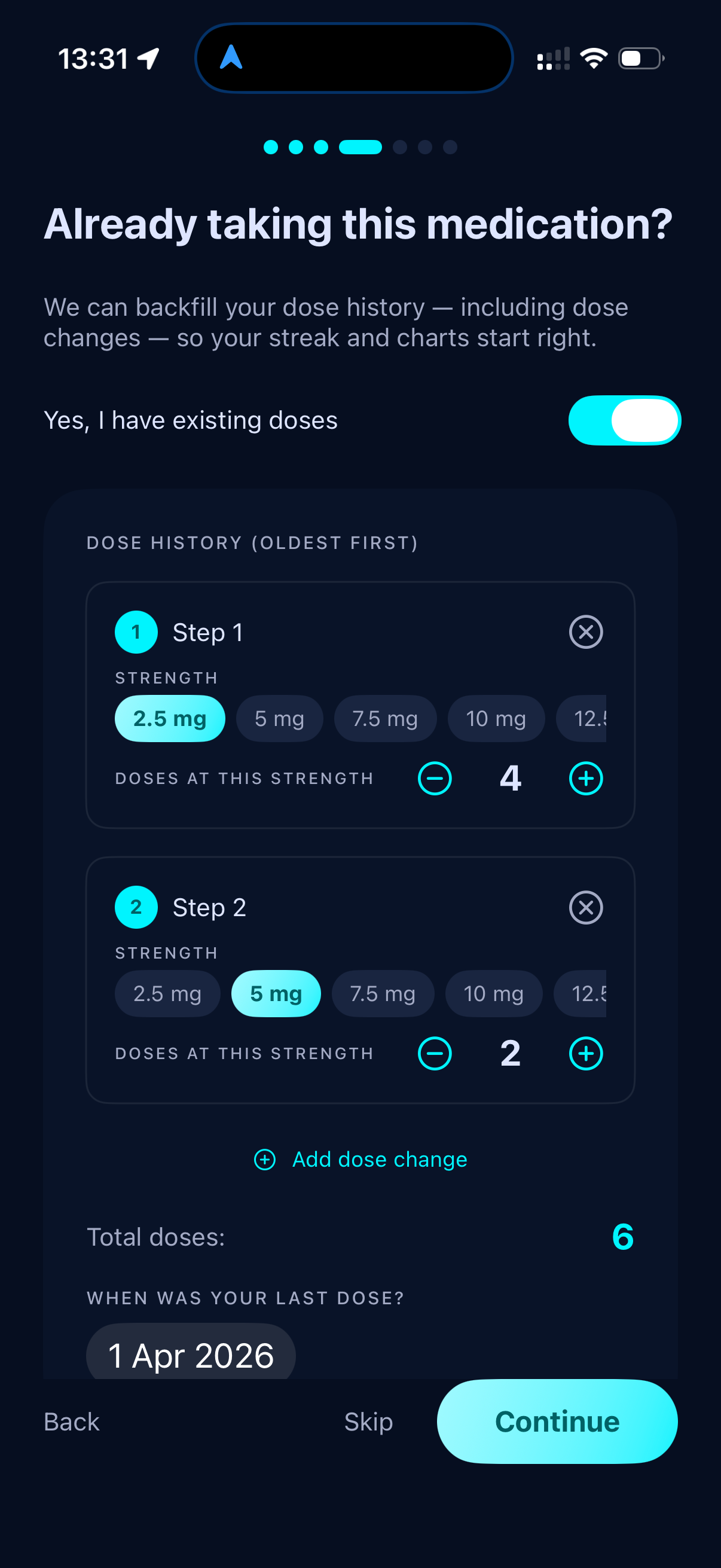 Dose history and backfill screen
